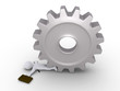 Businessman crushed by cogwheel
