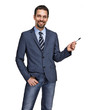Happy businessman giving presentation on white background