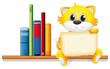 A cat holding an empty board above the wooden shelf with books