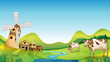 A farm with a barn and cows