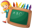 A young girl beside a blackboard and crayons