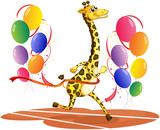 A giraffe running with colorful balloons