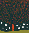 Christmas tree under snowfall. Tree branches