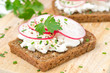 grain bread with soft cheese, radish and chives, horizontal