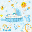 Seamless pattern of cribs, toys and stuff it's a boy on blue bac