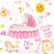 Seamless pattern of cribs, toys and stuff it's a girl