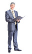 businessman writing on clipboard isolated