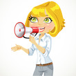 Illustration: Cute girl speaks in a megaphone isolated on white background Cute girl speaks in a megaphone isolated on white background