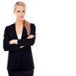 Smiling blond business woman on white