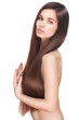 beautiful young brunette woman with long straight hair posing