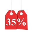 Illustration: Price discount 35 percent off on red hanging labels Price discount 35 percent off on red hanging labels