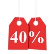 Illustration: Price discount 40 percent off on red hanging labels Price discount 40 percent off on red hanging labels