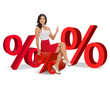 woman sitting on big red percent sign