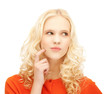 girl thinking with finger on her cheek