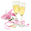 wedding glasses with rings, ribbon and lily