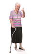 Old woman with a cane showing ok sign  on a white background