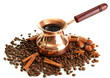 Coffee pot and coffee beans, isolated on white