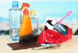 Travelling items on bright background