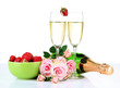 Romantic still life with champagne, strawberry and pink roses,