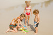 two little girls and little boy playing on the beach