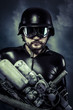 man of the future with huge laser cannon shotgun over cloudscape