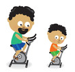 Father and son riding exercise bikes 2