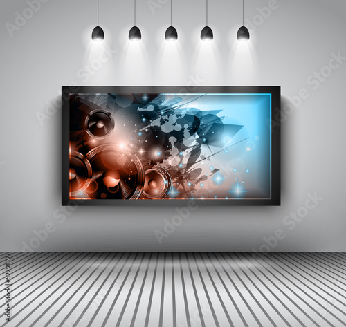 Vector: Modern interior art gallery frame design with spotlights. Modern interior art gallery frame design with spotlights.