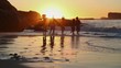 Silhouettes of friends running into the sea