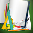 School supplies and empty notebook with copyspace
