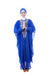 Beautiful female muslim in blue dress on white background