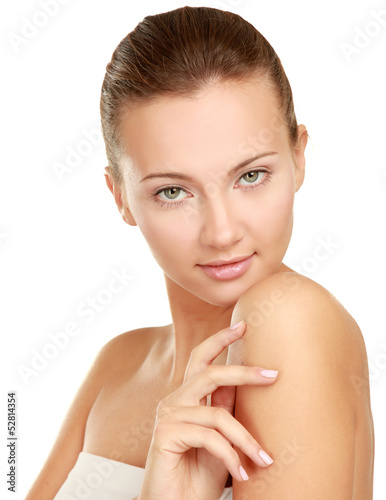 Photo: A beautiful young woman , isolated on white, closeup A beautiful young woman , isolated on white, closeup
