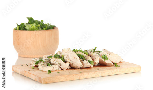 Photo: Boiled meat on board isolated on white Boiled meat on board isolated on white