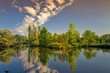 Small pond at a city park with clouds