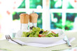 Light salad on plate on napkin on window background
