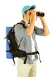 Young hiker man tourist with binocular, isolated on white