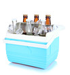 Traveling refrigerator with beer bottles and ice cubes isolated