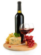 Wine, tasty blue cheese and grape, isolated on white