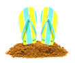 Pair of summer flip flops in sand isolated on white