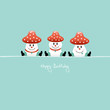 Vektor: 3 Sitting Fly Agarics "Happy Birthday" Retro 3 Sitting Fly Agarics "Happy Birthday" Retro