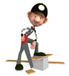 The 3D boy with a hacksaw on a tree.