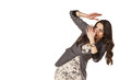 woman defending herself with her hands off of something