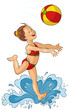 Little girls vacation playing with beach ball in the sea