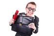 Businesswoman with dynamite on white