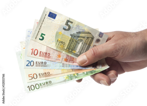 Photo: Hand hält Euro Geldscheine, mit neuem Fünfer Hand hält Euro Geldscheine, mit neuem Fünfer