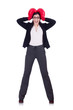 Businesswoman in boxing concept on white