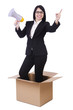 Businesswoman with loudspeaker from the box