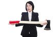 Foto: Angry businesswoman with axe on white Angry businesswoman with axe on white