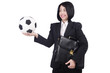 Businesswoman with ball on white