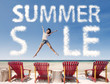 Summer sale cloud with girl jumping over beach chairs