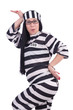 Prisoner in striped uniform on white